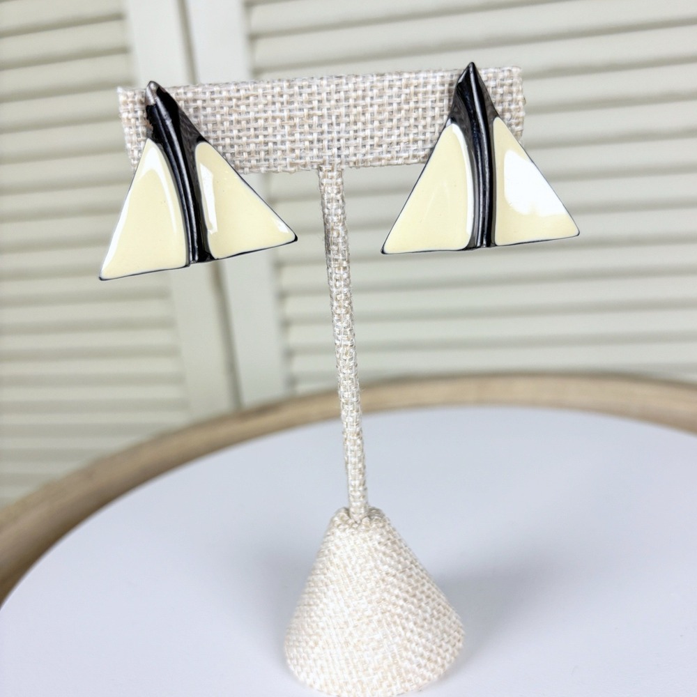 Modernist Cream Black Enamel Triangular Statement Post Earrings Architectural
